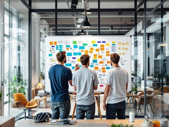 3 people in front of a white board