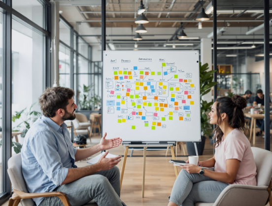 2 people in front of a white board 2 people in front of a white board